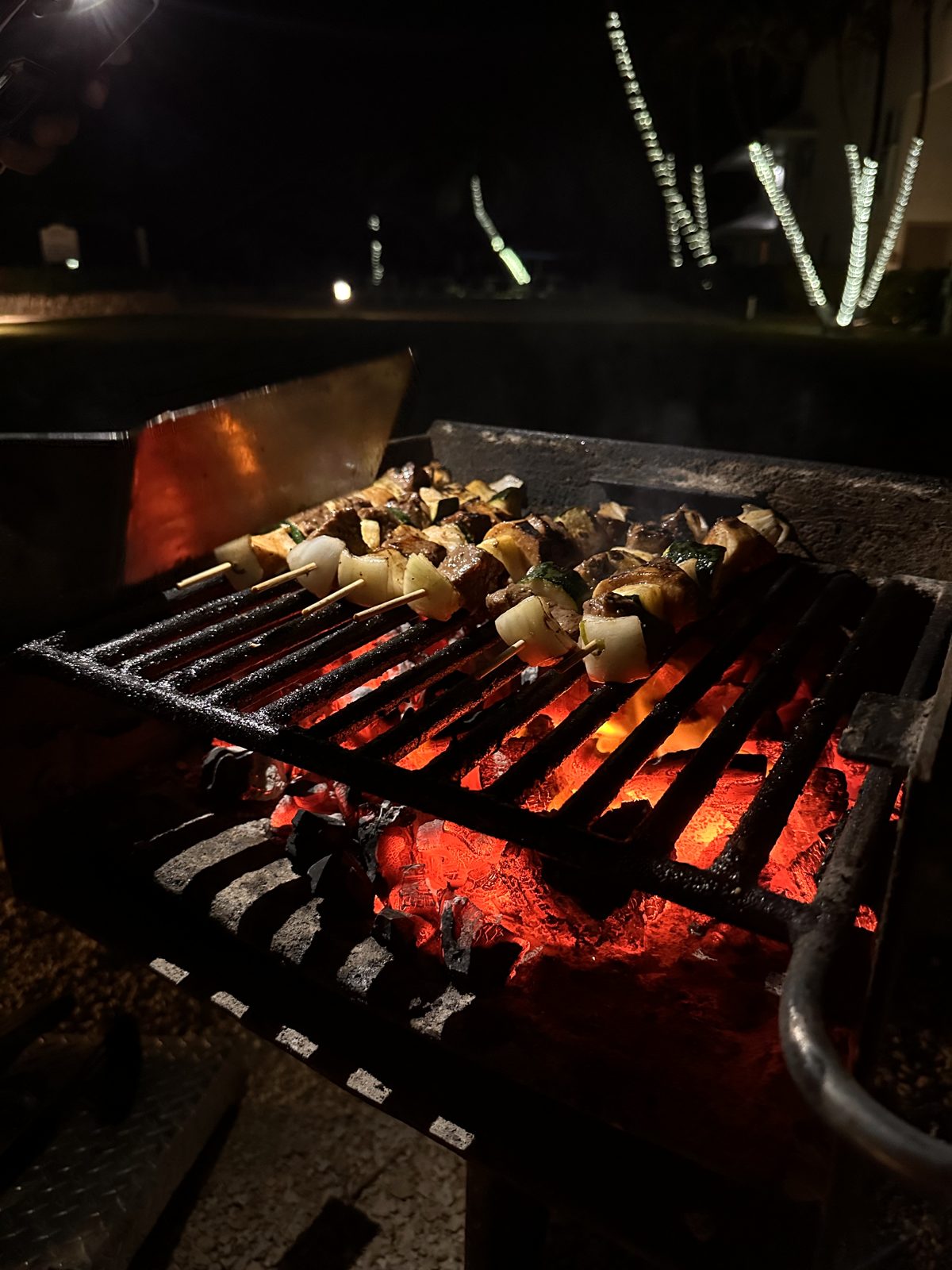 Skewers on a glowing charcoal grill at night