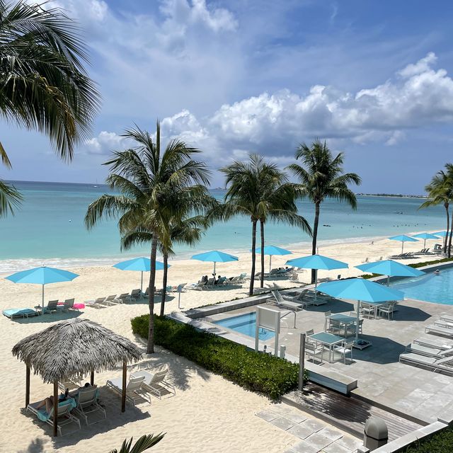 Palm trees and blue umbrellas on Seven Mile Beach, Grand Cayman