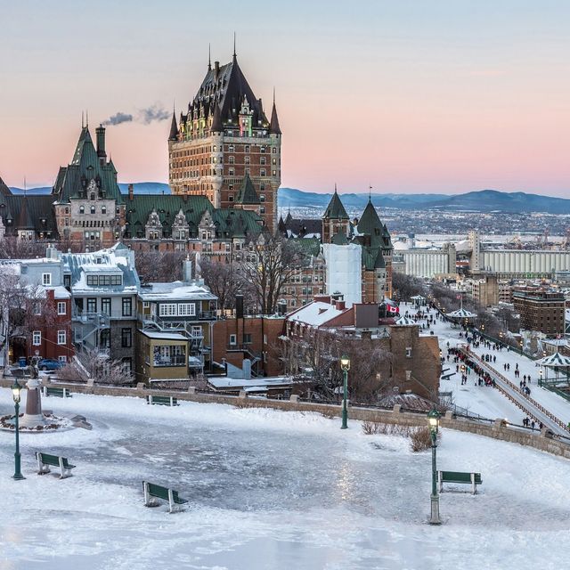 The Château Frontenac above snowy Old Quebec City after a freezing rain day