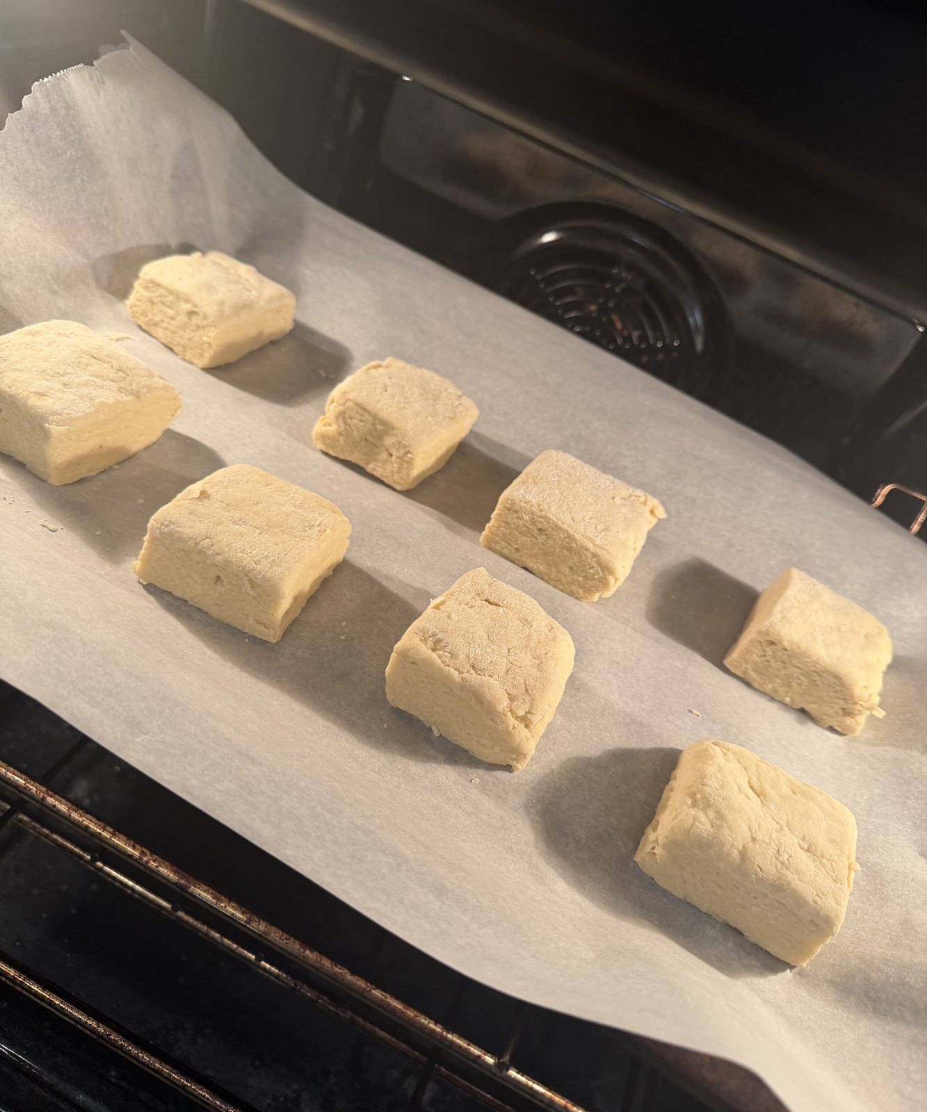 Square biscuits on parchment going into the oven